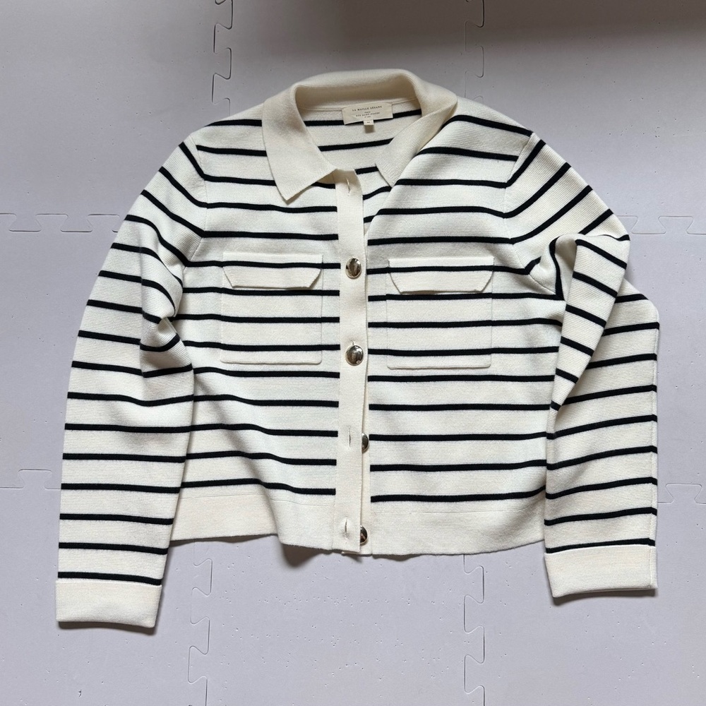 Sezane Cream and Black Striped Cardigan